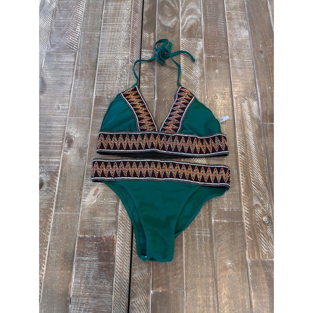 Green Embroidered Halter Bikini Set Size Large Geometric Trim Two Piece Swimsuit